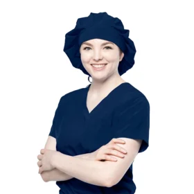 Gorro clínico bouffant azul marino de Tasha & Me para personal médico.